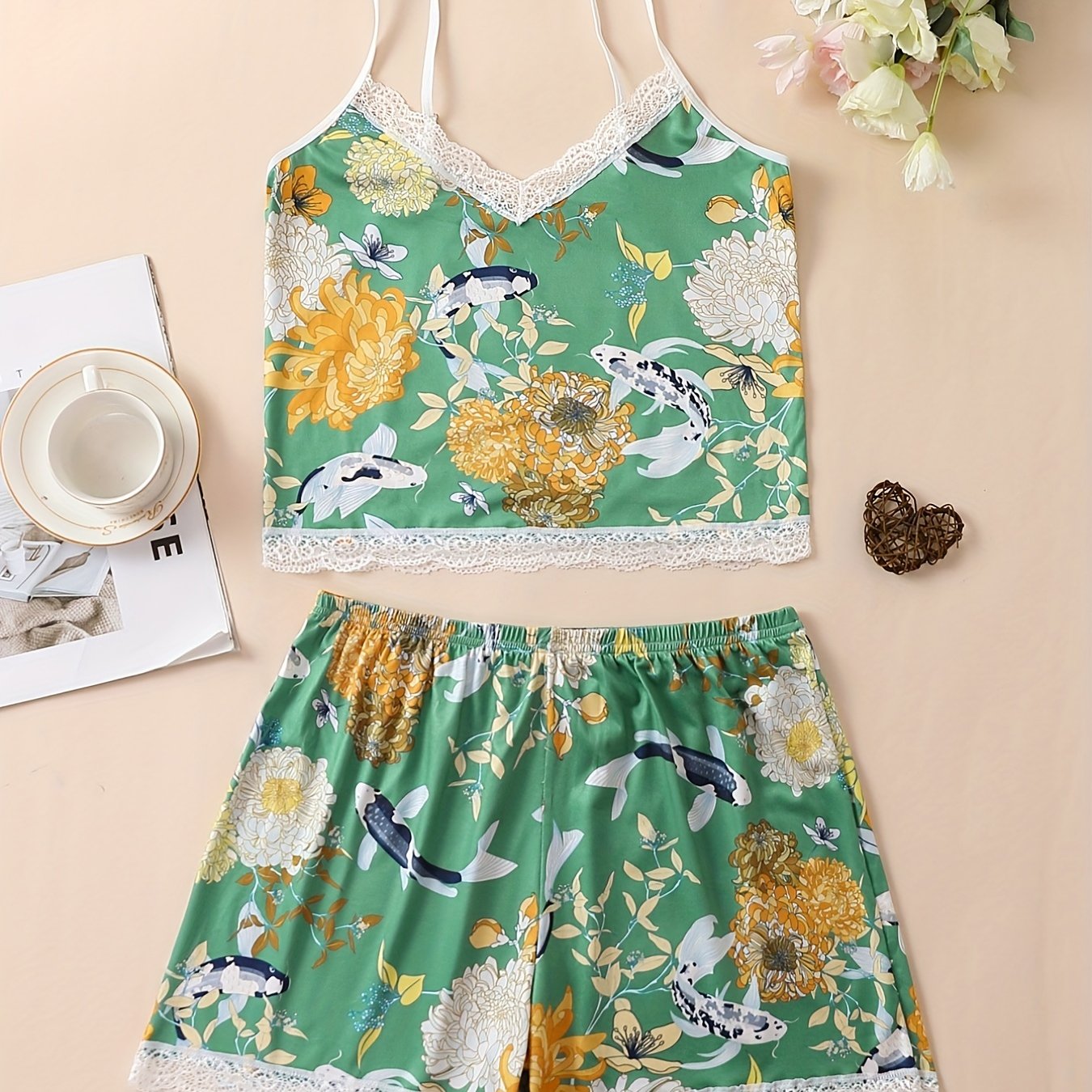 Floral Print Pajama Set V Neck Cami Top & Lace Trim Shorts