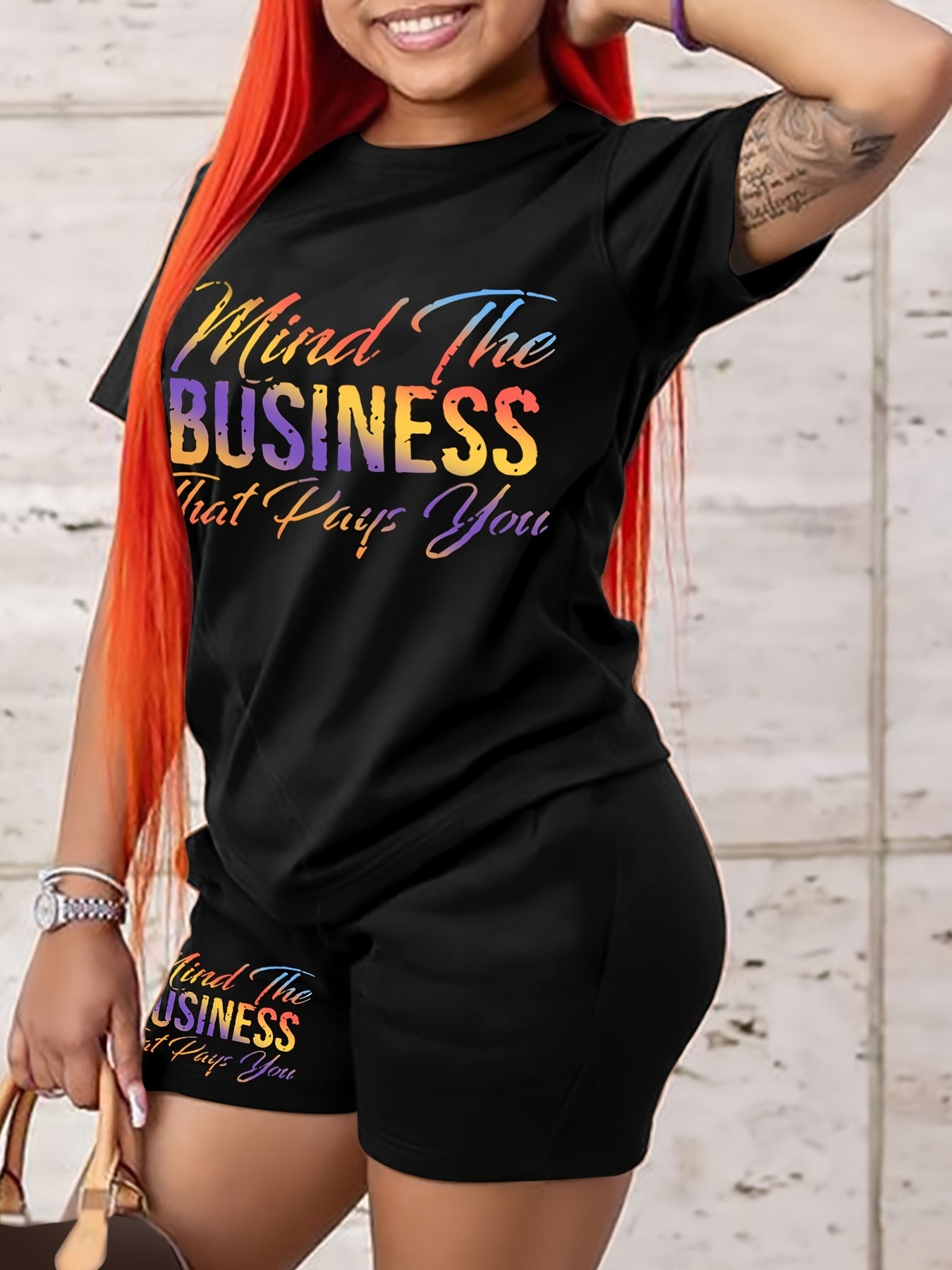 Women's Plus Ombre Letter Print Tee & Shorts 2pcs Set