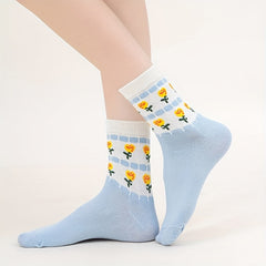 5 Pairs Floral Print Socks Comfy & Breathable Mid Tube Socks