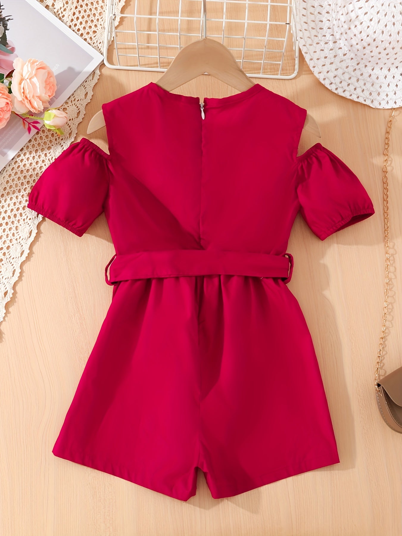 Toddler Girls Cold Shoulder Flowers Embroidered Romper Jumpsuits