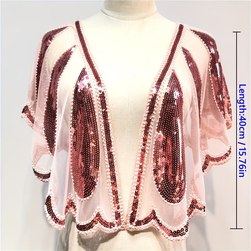 Sequin Beads Decor Shawl Embroidery Cape Mesh Short Cardigan Women Dress Accesso