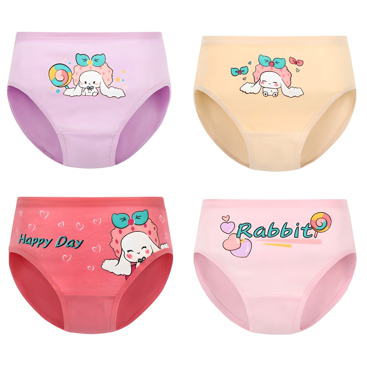 4pcs Girl's Cotton Underwear Stretch Comfy Briefs Rabbit Pattern