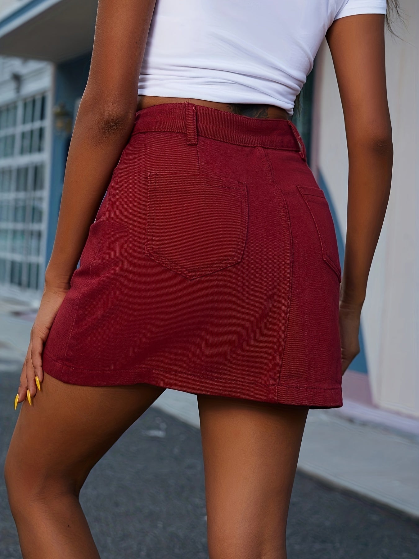 Red Mini Denim Skirt Zipper Button Closure Slash Pocket Mid Waist