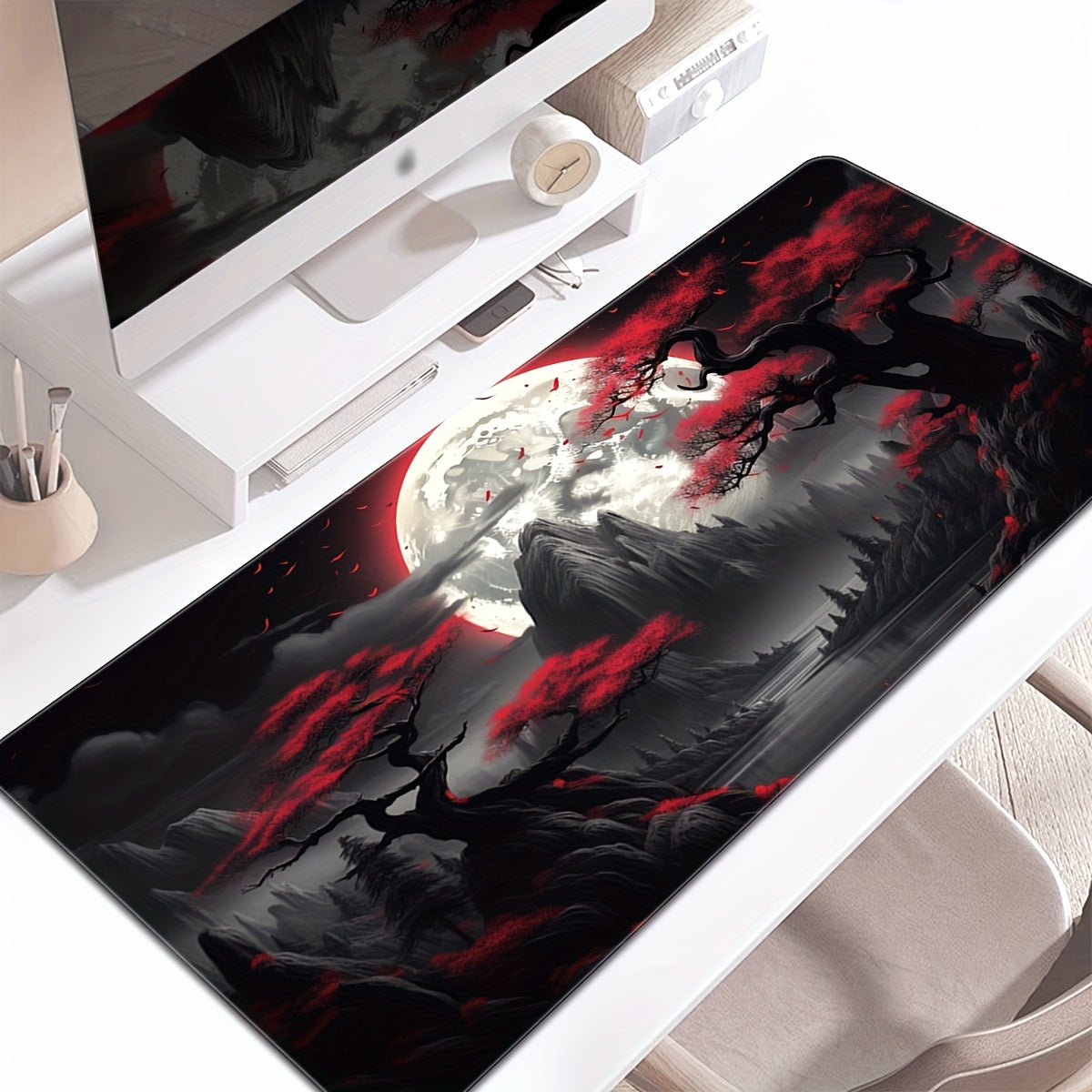 Dark Red Moon Desk Mat Large Gaming Mouse Pad Non Slip Computer Mat
