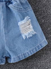 2pcs Baby Boys Block Neck T shirt & Denim Shorts Summer Clothes Sets