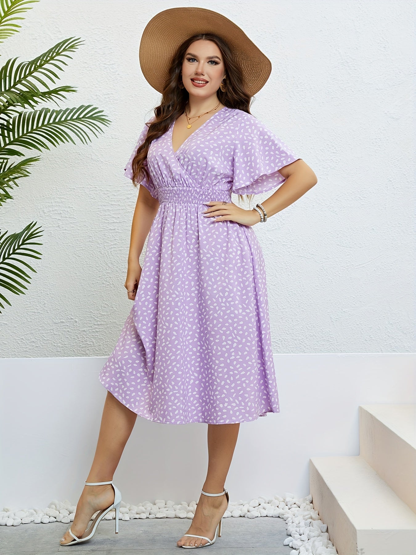  Dot Print Surplice Neck Ruffle Sleeve Nipped Waist Pleated Dress