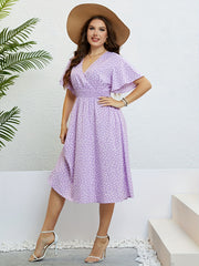  Dot Print Surplice Neck Ruffle Sleeve Nipped Waist Pleated Dress