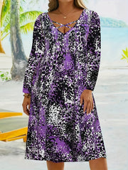 Plus Size Allover Print Criss Cross Long Sleeve V Neck Dress