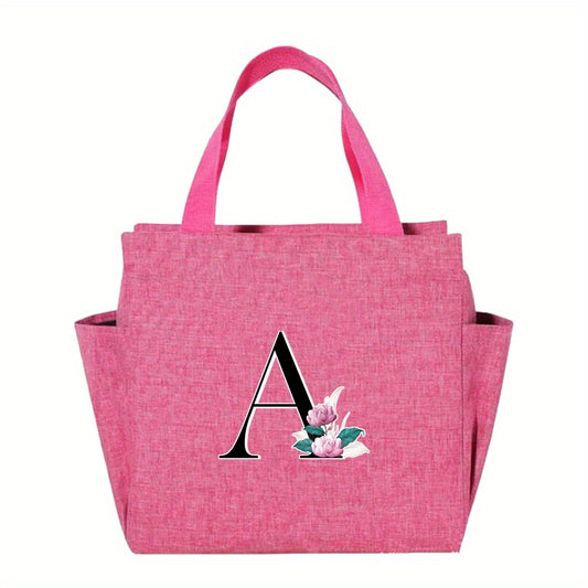 Floral Initial Insulated Lunch Bag Pink High Capacity Thermal Cooler Tote