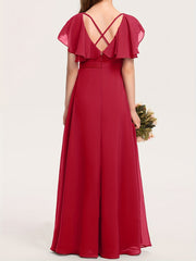 Girls Flounce Sleeve V Neck Bridesmaid Dress For Wedding