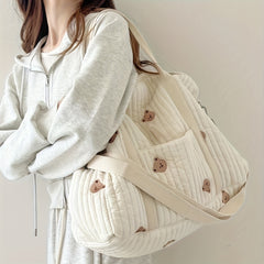 Quilted Diaper Bag with Bear Embroidery Lightweight Travel Tote & Handbag
