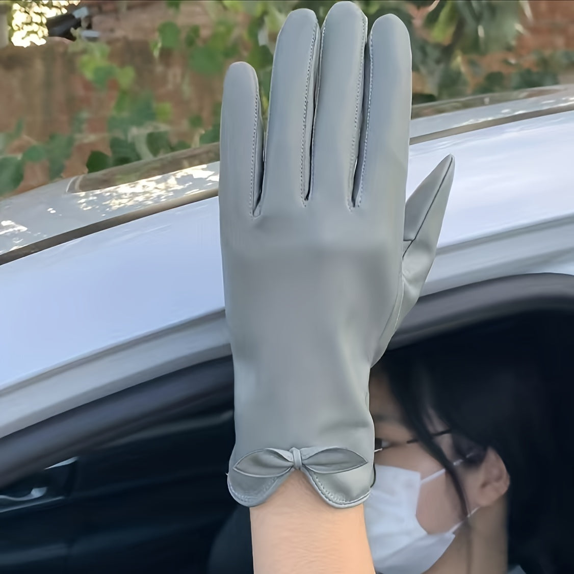 Solid Bow PU Gloves Warm Outdoor Coldproof Gloves