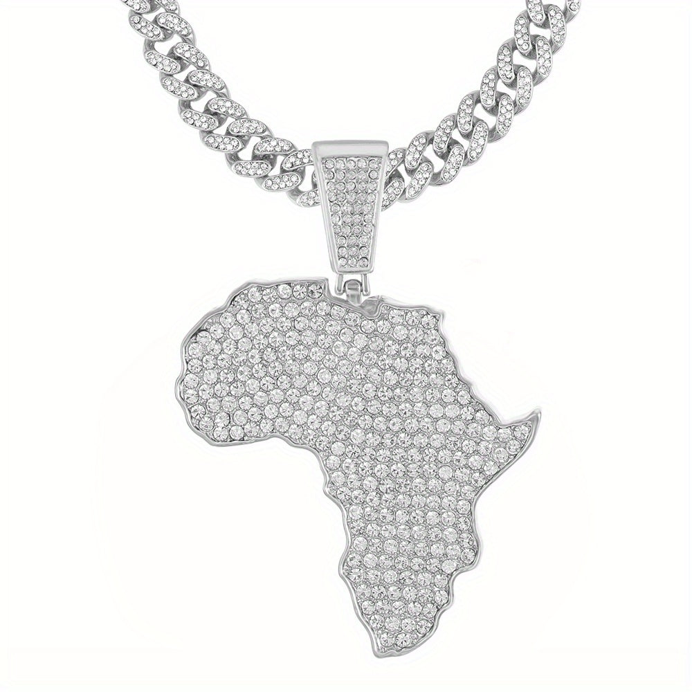 Men's Zircon Inlaid Map Pendant with Cuban Chain Necklace