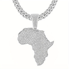 Men's Zircon Inlaid Map Pendant with Cuban Chain Necklace