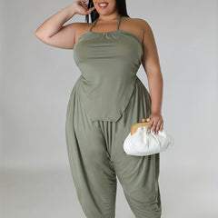  Solid Halter Neck Tie Back Cami Top & Harem Pants Set