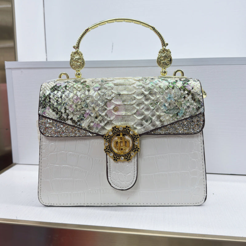 Vintage Leather Handbag Snake Print Shoulder Bag with Wristlet