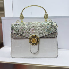 Vintage Leather Handbag Snake Print Shoulder Bag with Wristlet
