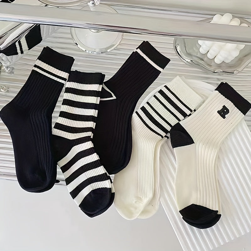 3 Pairs Striped Crew Socks Mid Tube Women's Stockings