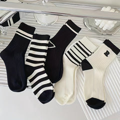 3 Pairs Striped Crew Socks Mid Tube Women's Stockings