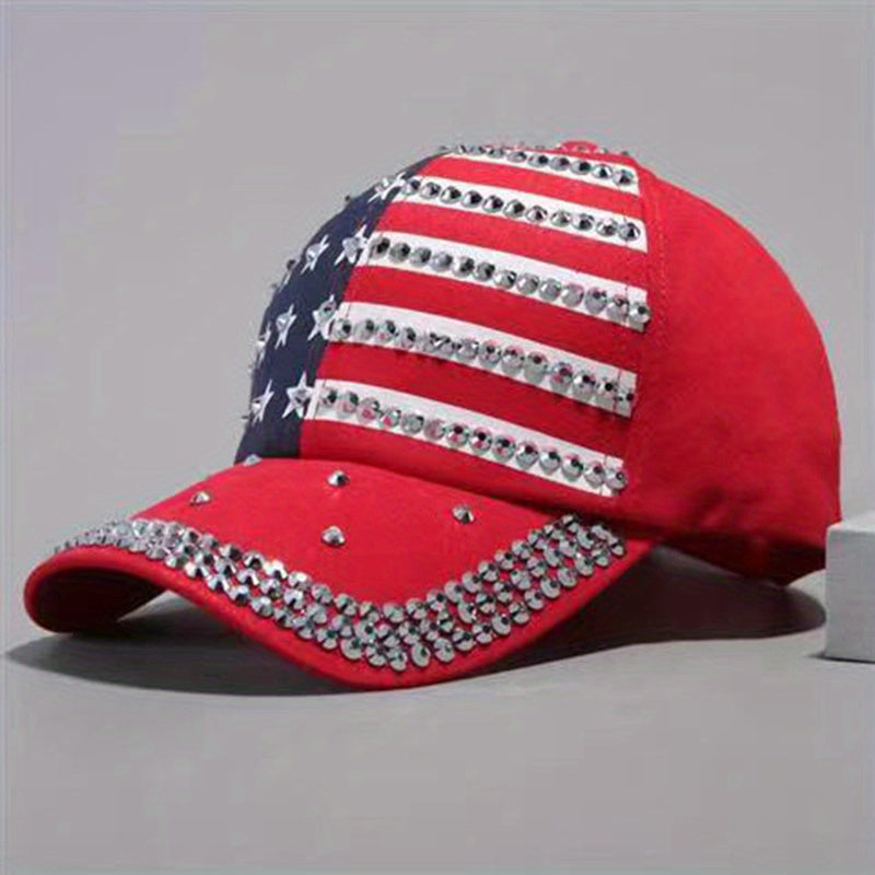 Flag Print Baseball Cap Rhinestone Decor Adjustable Dad Hat