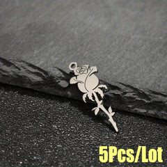 5PCS Stainless Steel Hollow Rose Flower Charms Pendants