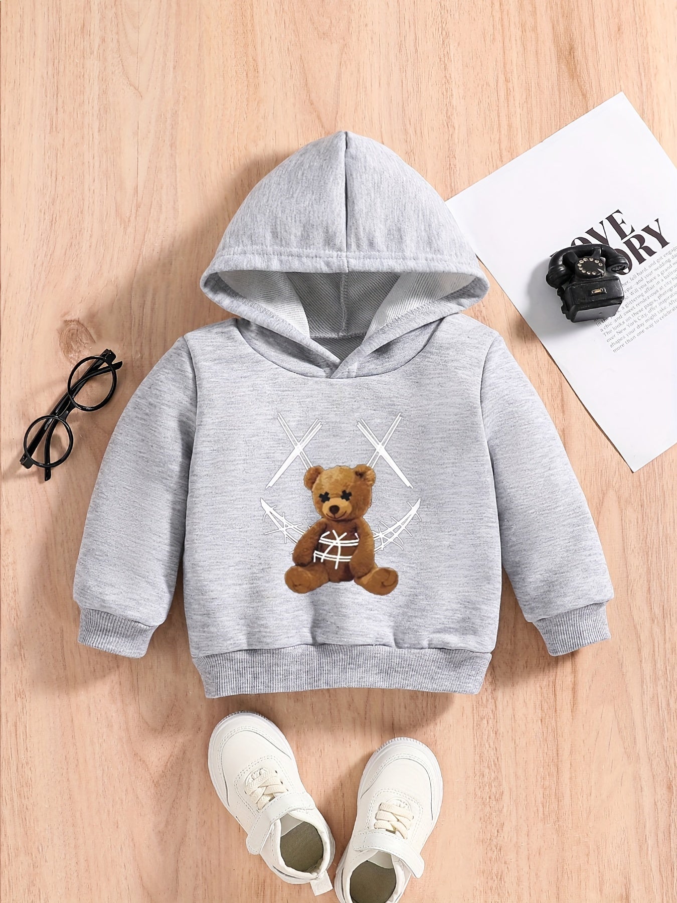 Teddy Bear Print Baby Boys Hooded Sweatshirt