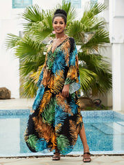  Boho Tropical Print Kaftan Dress V Neck Split Maxi Beach Dress