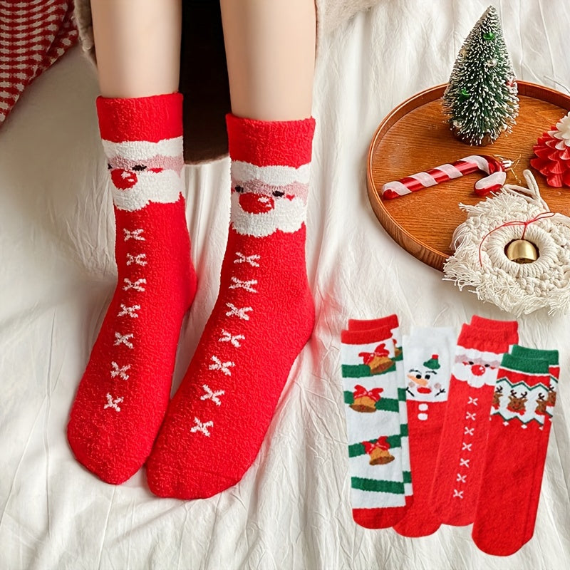 4 Pairs Christmas Print Socks Winter Knit Stockings Women's Hosiery