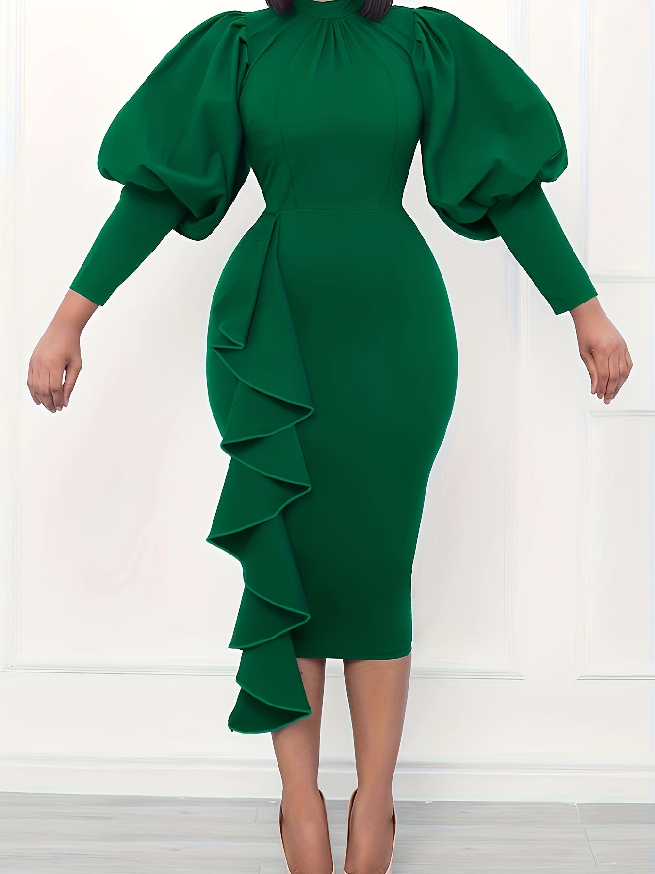 Puff Sleeve Bodycon Midi Dress