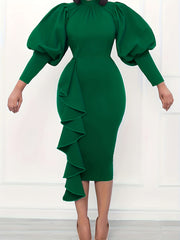  Puff Sleeve Bodycon Midi Dress
