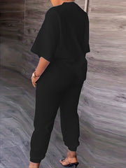 Casual Two piece Set Letter Print Crew Neck Tops & Solid Long Length Pants
