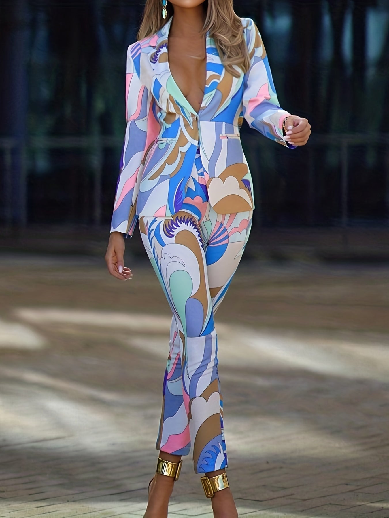  Casual Suit Set Women's Plus Allover Print Blazer & Pants Suit