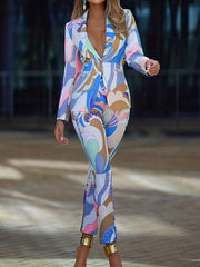  Casual Suit Set Women's Plus Allover Print Blazer & Pants Suit