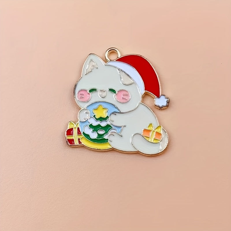 8pcs Christmas Cat Snowman Enamel Pendant for DIY Jewelry Making