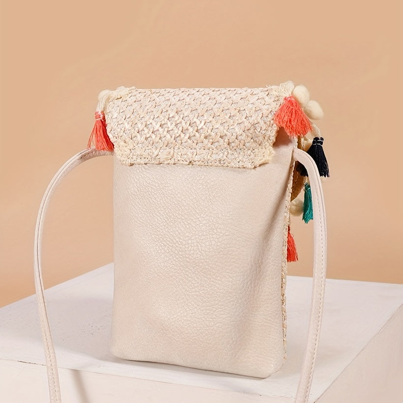 Straw Crossbody Bag with Colorful Tassel Decor