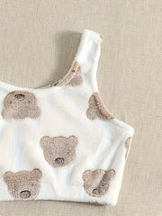  Bear Pattern Flannel Crop Tank Top & Shorts 2-Piece Set