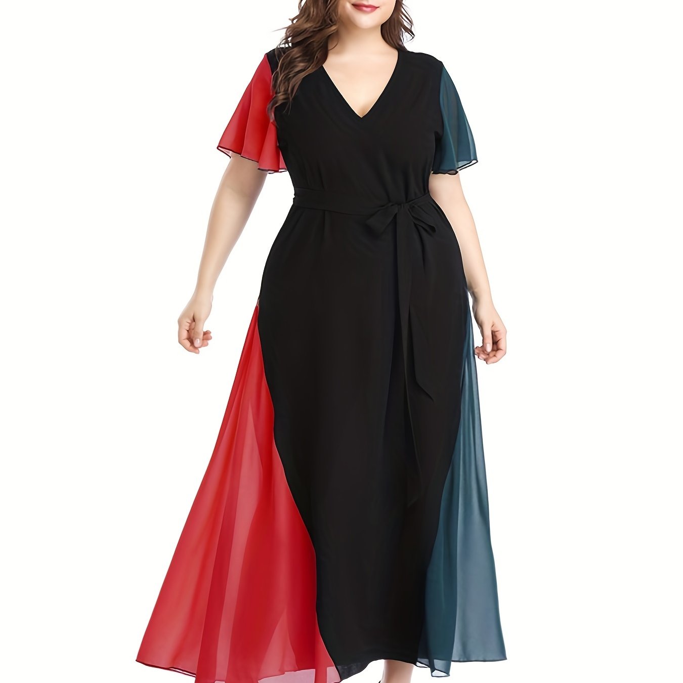  Colorblock Flutter Sleeve V Neck Maxi Dress With Belt