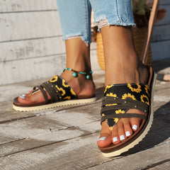 Sunflower Pattern Clip Toe Thin Strap Women's Sandals Hollow Out Flat Sandals