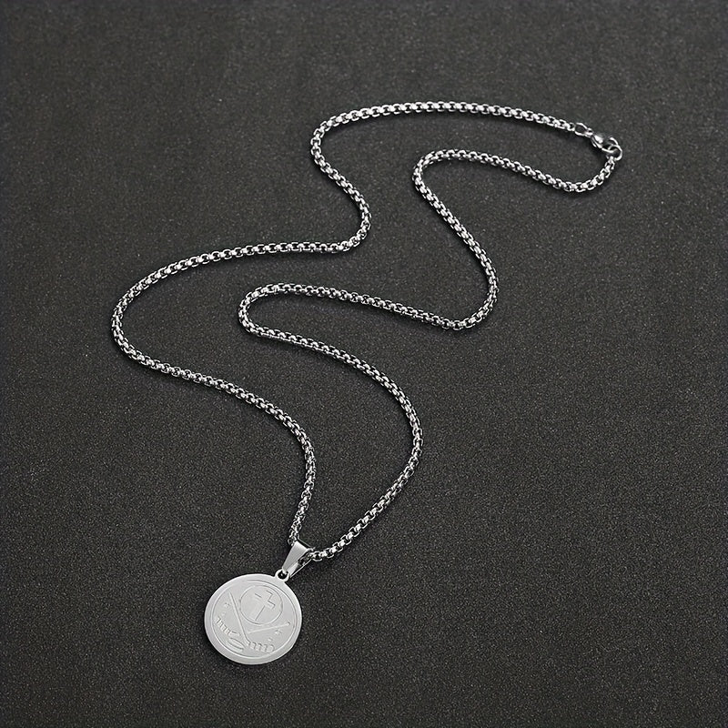 Men's Stainless Steel Ice Hockey Round Pendant Necklace