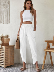 Solid Elastic Waist Pants Casual Loose Beach Pants With Pockets