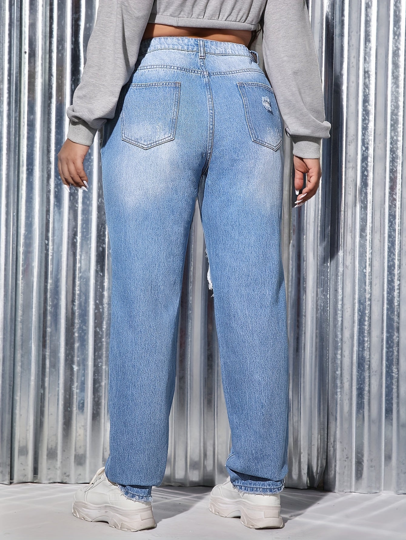Plus Size Washed Ripped High Rise Straight Leg Jeans