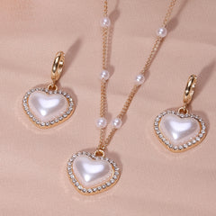 Heart Shape Faux Pearls Jewelry Set Necklace Earrings Rhinestones