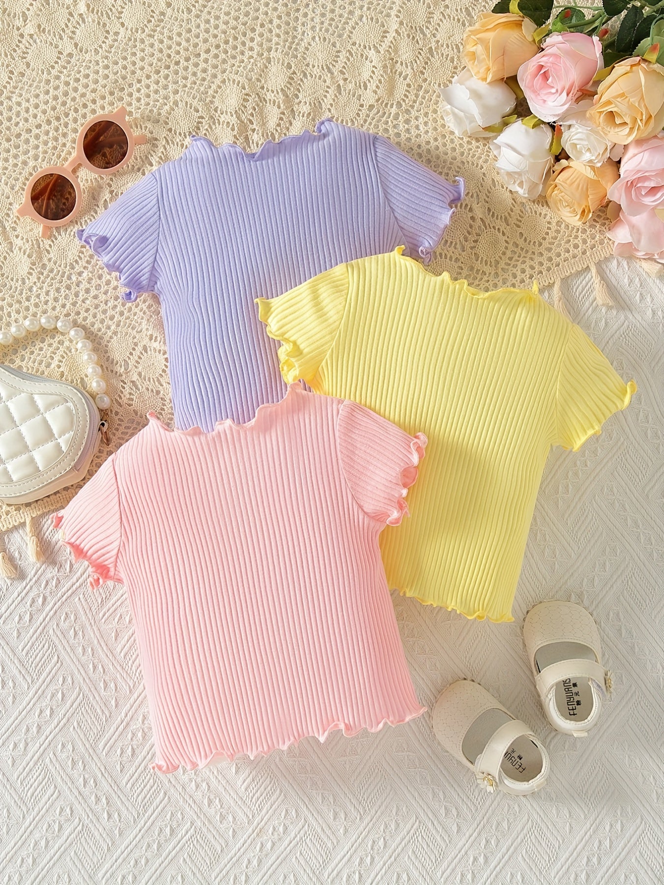 Baby Girls Cotton Ribbed Knit T shirt 3pc Set