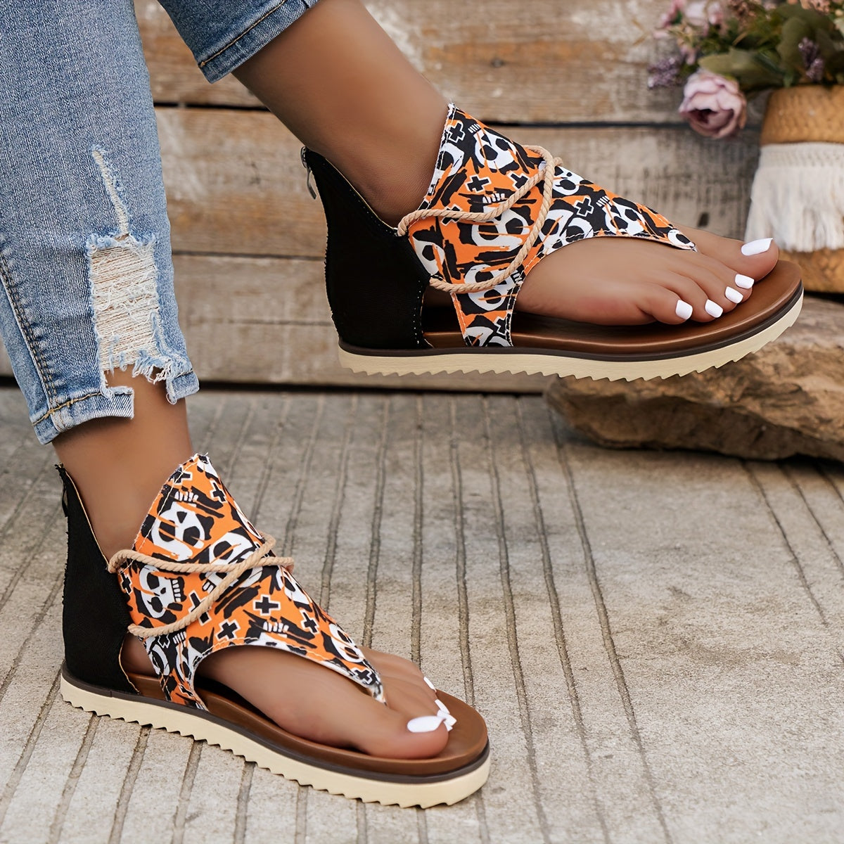 Women's Leopard Floral Print Clip Toe Sandals