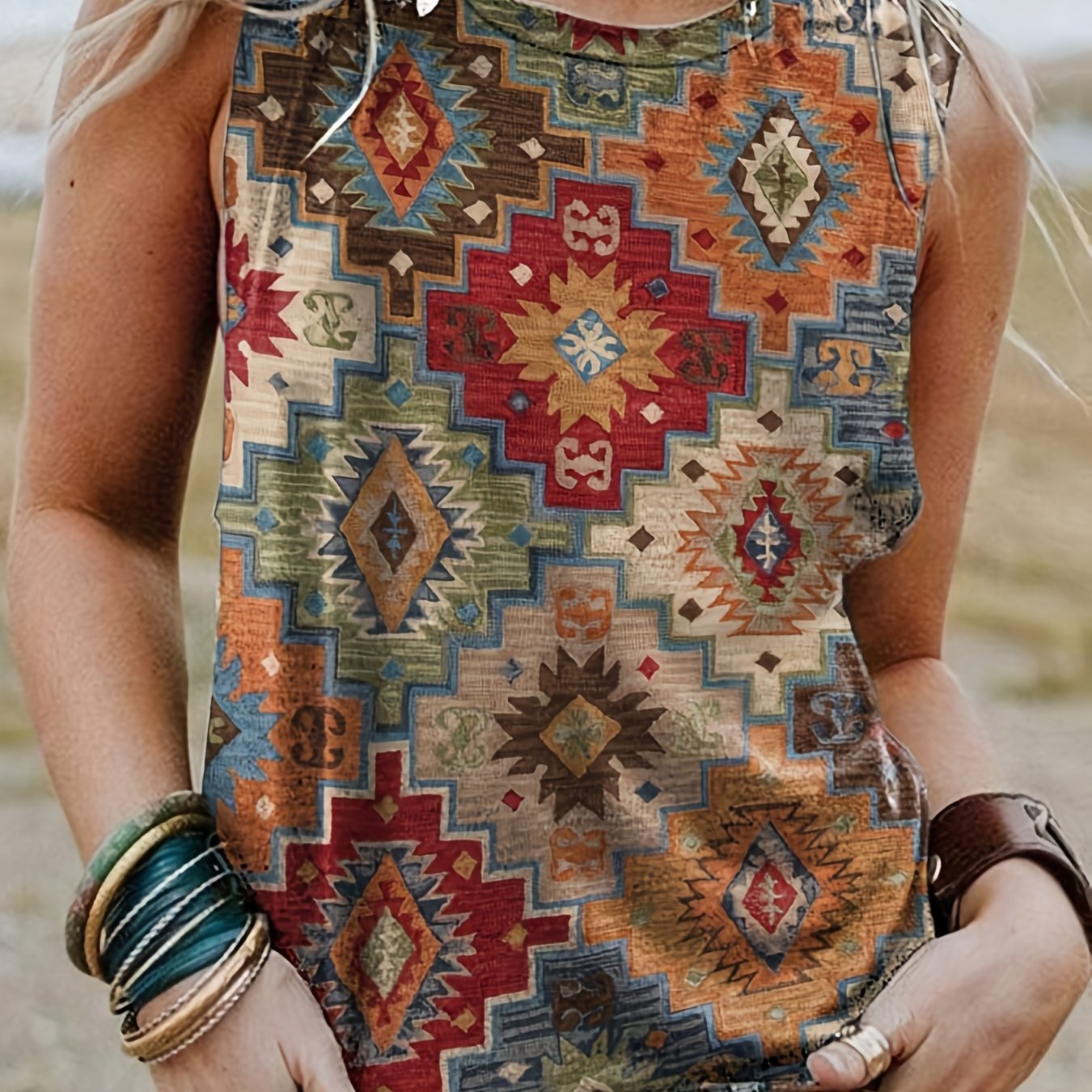 Geometric Print Tank Top Crew Neck Sleeveless Summer Top