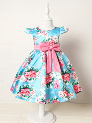 Floral Print Bowknot Short Sleeve Princess Dress