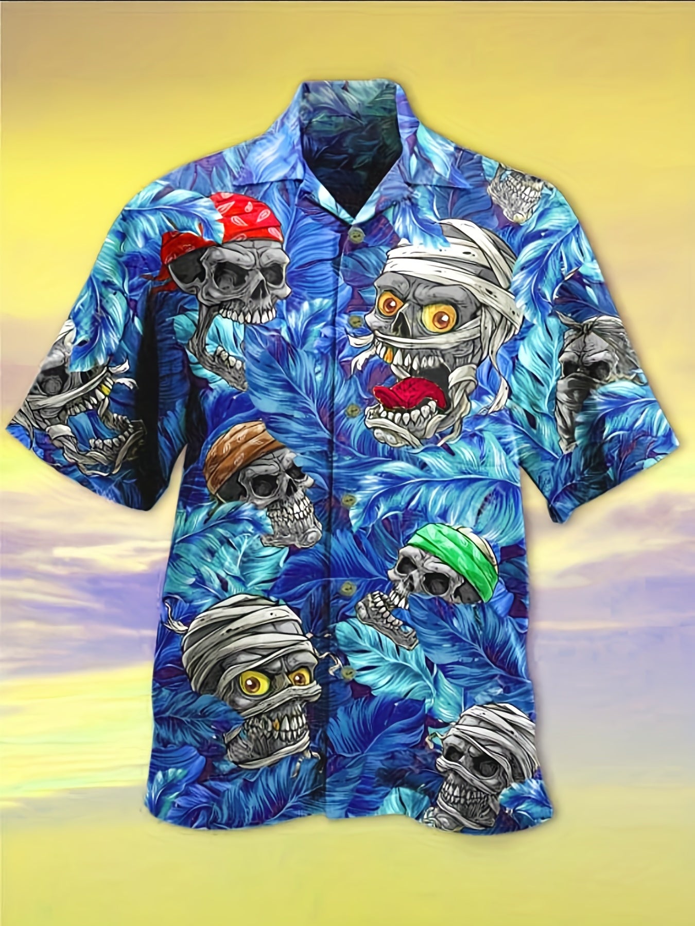 Men's Hawaiian Shirt Skull & Tropical Leaf Print - Summer Vacation Wear