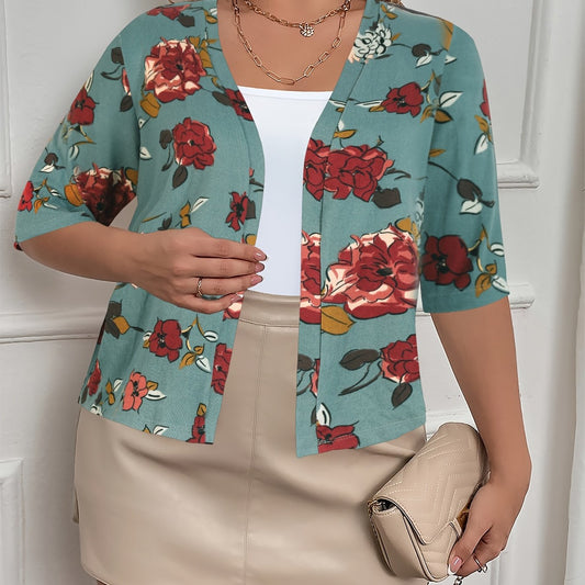  Retro Floral Print Open Front Cardigan