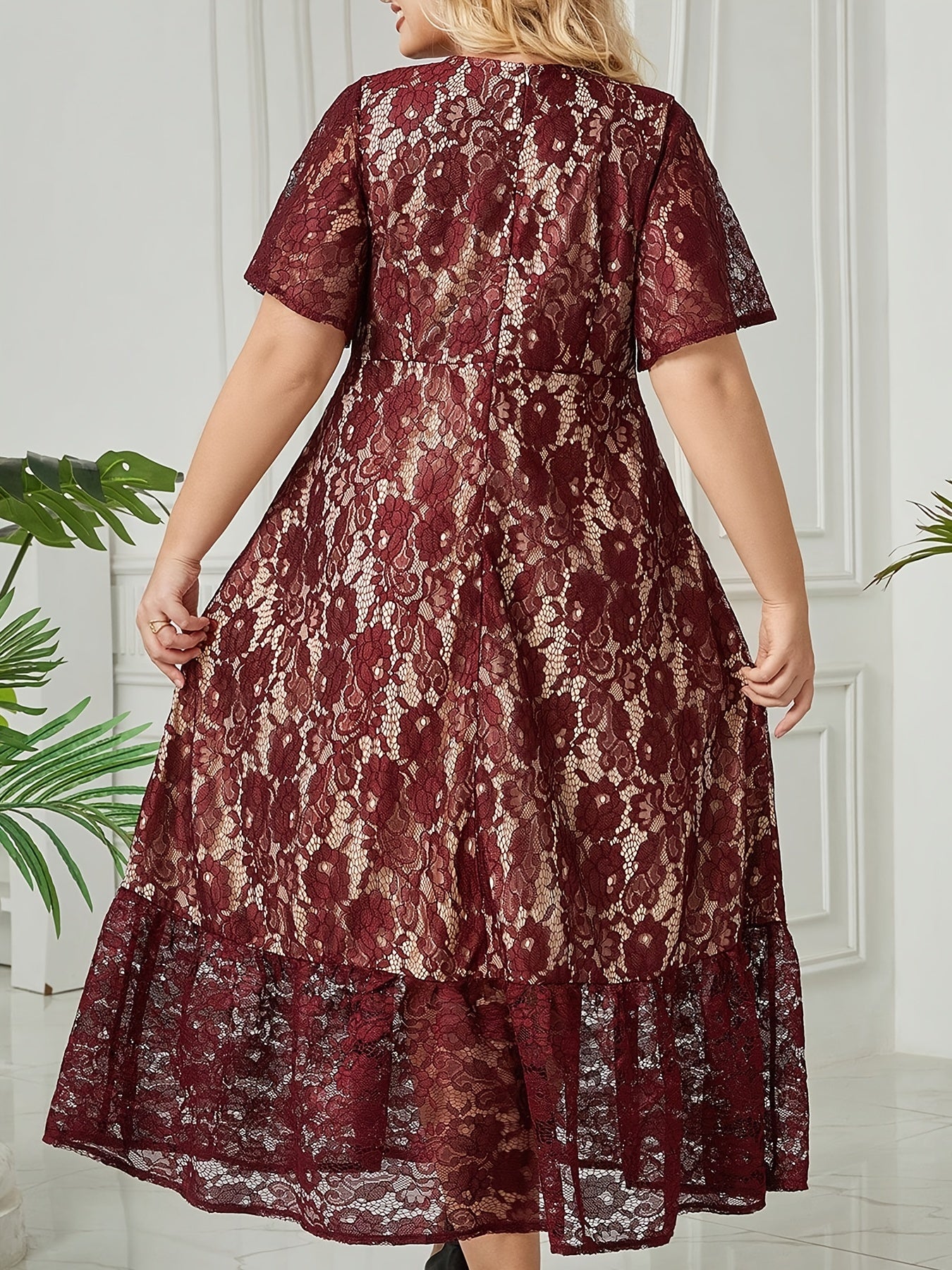  Solid Lace Short Sleeve Surplice Neck Smock Dress