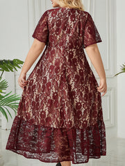  Solid Lace Short Sleeve Surplice Neck Smock Dress